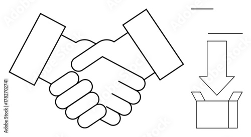 Two hands shaking representing partnership, arrow pointing into a box suggesting delivery or transaction. Ideal for cooperation, contract, logistics, delivery, teamwork, business deal, commerce