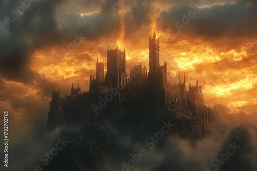 castle and temple ruins glowing faintly beneath a stormy sky