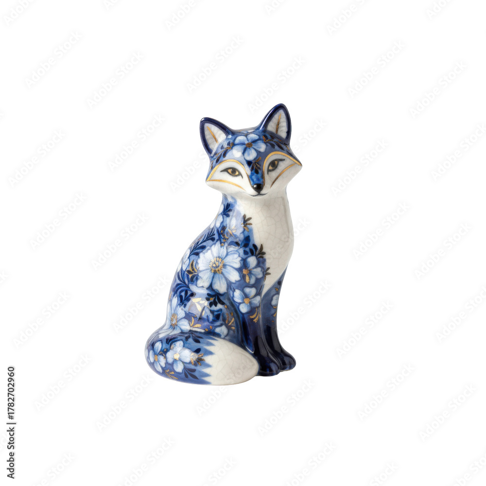 Fototapeta premium Elegant Porcelain Fox Figurine with Delicate Floral Patterns against a Minimalist Setting