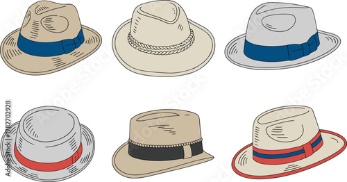 Fedora hat collection, stylish headwear, fashion accessory, tan gray cream hats, band design variation, vector style, cad drawing flat vector illustration