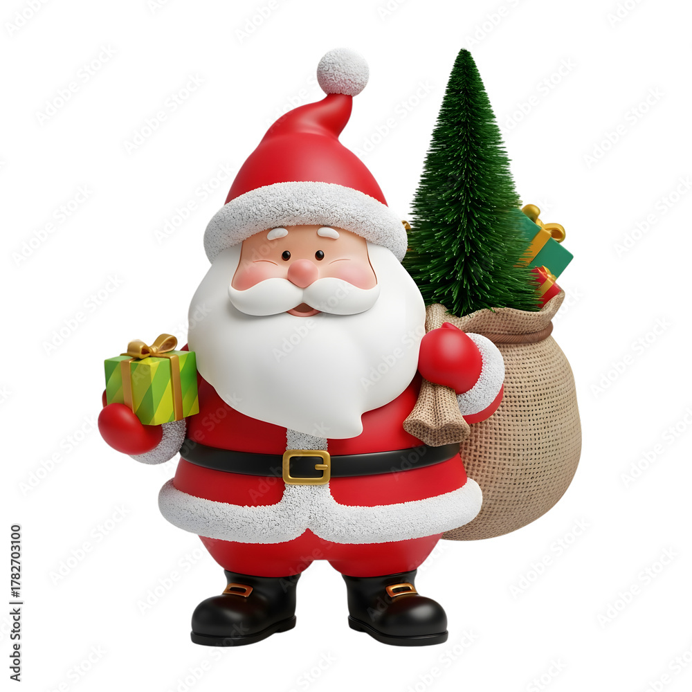 Obraz premium Cute santa claus figurine holding a gift isolated on transparent background