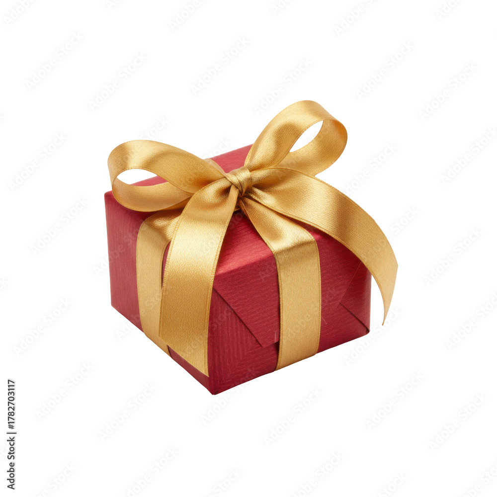 Obraz premium Elegant Red Gift Box with Golden Ribbon, Symbol of Celebration and Festive Cheer for Special Occasions