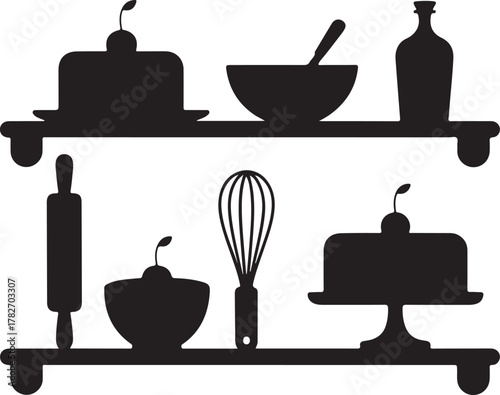 Bakery Shelf Silhouette Icons Set Cake Whisk Bowl Rolling Pin Minimal Design