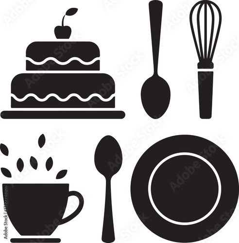 Bakery Showcase Silhouette Icons Set Cake Cup Spoon Plate Whisk Minimal Design