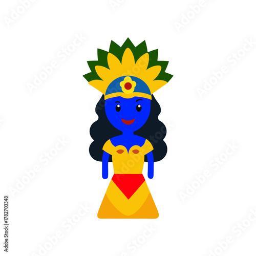 Cartoon blue goddess with elaborate headdress and yellow dress