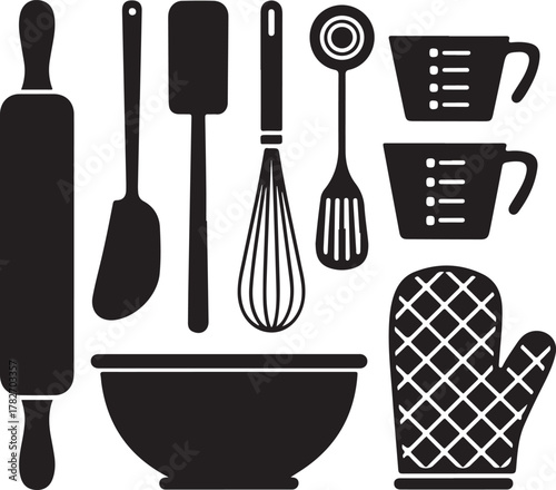 Baking Essentials Silhouette Icons Set Rolling Pin Whisk Measuring Cups Spatula Bowl Oven Mitt Minimal Design