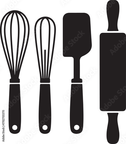 Baking Drawer Silhouette Icons Set Whisk Spatula Rolling Pin Cutter Minimal Design