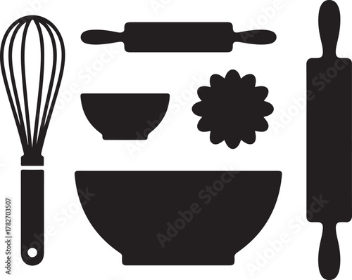 Baking Table Flatlay Silhouette Icons Set Whisk Bowl Rolling Pin Cutter Minimal Design