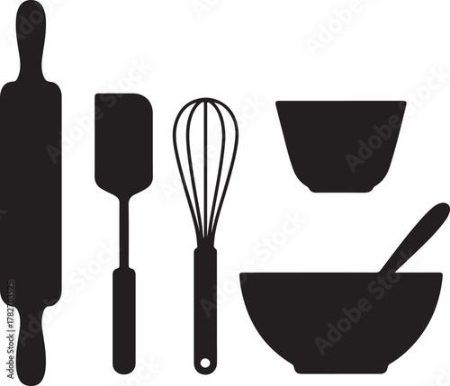 Baking Tools Flatlay Silhouette Icons Set Rolling Pin Whisk Spatula Bowl Cup Minimal Design