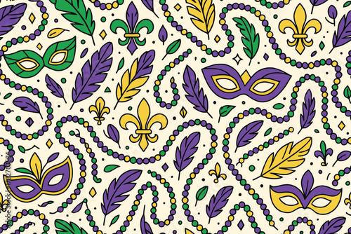 Seamless mardi gras pattern with masks beads and fleur de lis in traditional colors