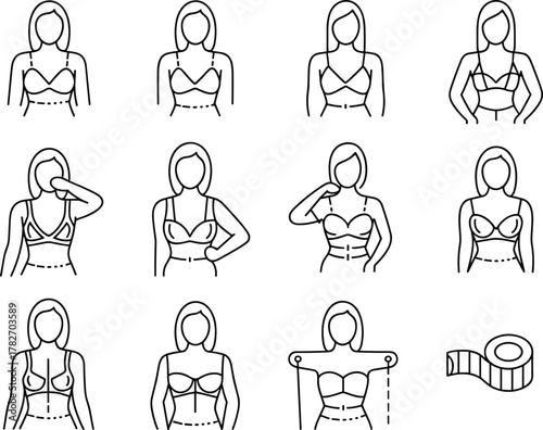 Female body measurement and bra fitting guide icons set, lingerie sizing instructions, bust measurement illustration, underwear fitting steps, cad drawing flat vector illustration