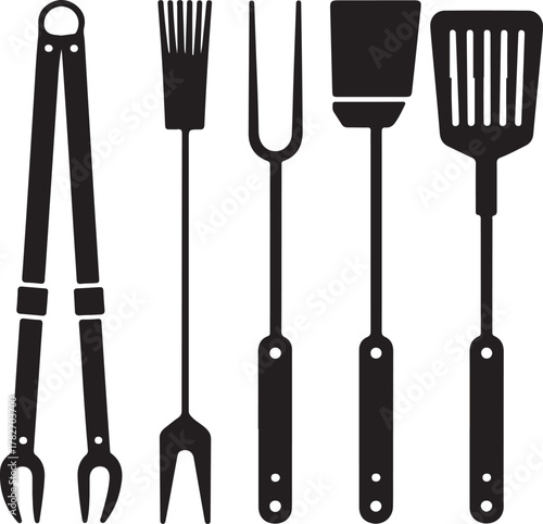 Barbecue Tools Silhouette Icons Set Tongs Grill Fork Spatula Brush Skewer Minimal Design