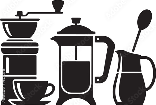 Barista Tools Silhouette Icons Set Coffee Grinder French Press Cup Spoon Milk Jug Minimal Design