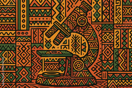 Microscope adorned with vibrant geometric tribal patterns representing scientific discovery and cultural heritage