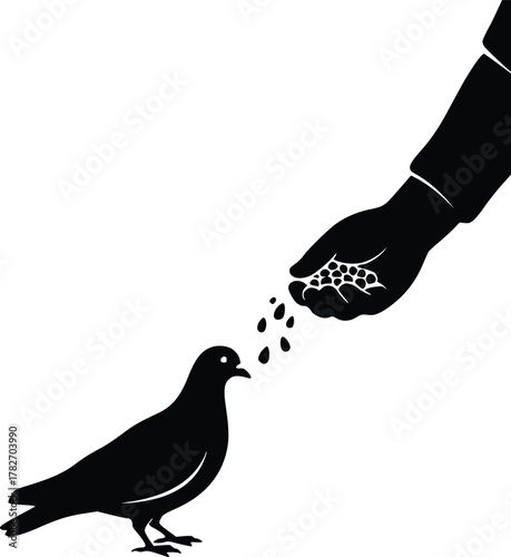 Child feeding pigeon vector icon, caring kid silhouette interacting with birds in park