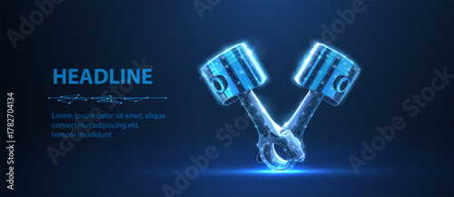 Two piston on blue. Engine piston, Cylinder additive, Spare rod, Motorcycle motor, Crankshaft technology, Industry innovation, Auto mechanic, Car concept

