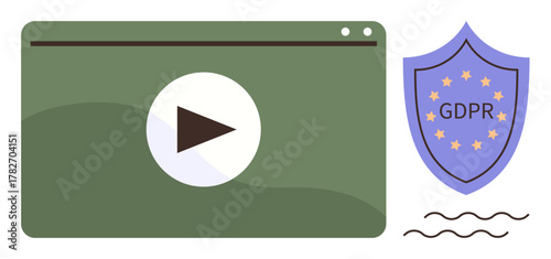 Green browser window with play button alongside GDPR shield. Ideal for privacy, data security, compliance, media, internet, technology, online services. Clean simple flat metaphor