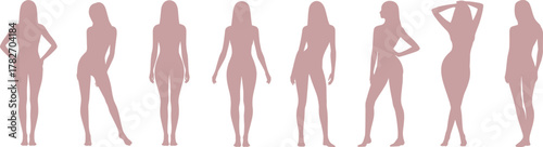 Female Silhouette Vector Set Featuring Standing Poses in Pink Tone for Fashion Design, Anatomy Study, Body Language, and Artistic Reference