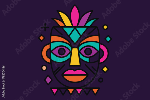 Vibrant abstract tribal mask with geometric patterns and colorful details