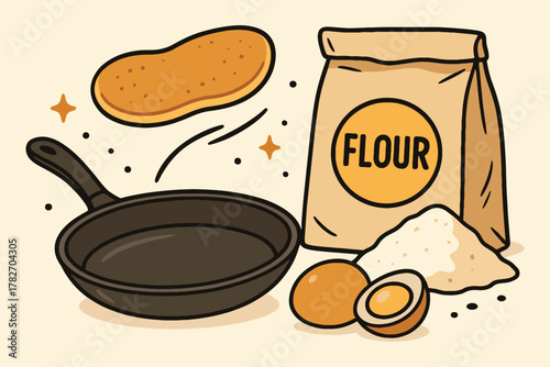 Hand drawn illustration of ingredients and cooking tools for making potato pancakes or hash browns
