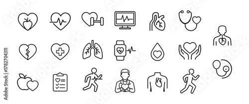 Healthcare, Fitness, and Cardiology Line Icons Set