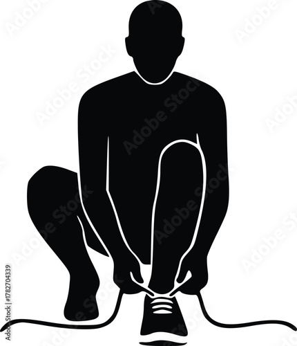 Man tying shoelaces vector icon, minimalist black silhouette of person bending to tie shoes
