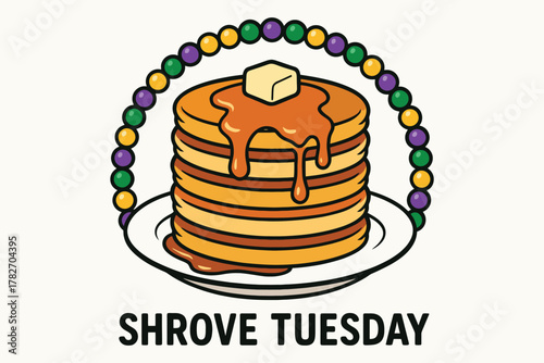 Delicious stack of pancakes with butter and syrup decorated with mardi gras beads for shrove tuesday celebration