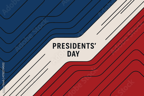 Abstract red white and blue background with presidents day text and wavy lines