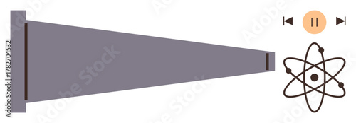 Speaker emitting sound waves towards an atomic orbit structure with controls above. Ideal for science, physics, sound, innovation, research, technology, education, simple flat metaphor