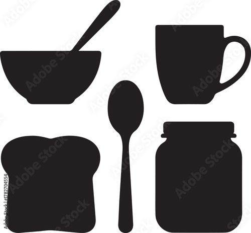 Breakfast Essentials Silhouette Icons Set Bowl Spoon Cup Toast Jam Jar Minimal Design