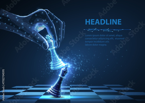 Chess king in digital hand beats other kind. Successful business strategy, digital manager, innovation challenge, AI assistant, political checkmate, technological strategy competition concept.


