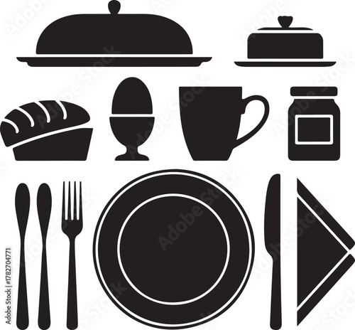 Breakfast Setup Silhouette Icons Set 2 Plate Bread Knife Egg Cup Mug Tray Butter Jar Napkin Minimal Design