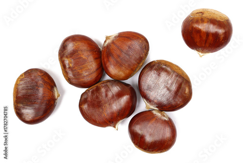 Fresh raw chestnut pile isolated on white background, top view
