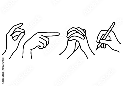 Minimalist Black And White hands Gestures and Actions Logos, human Poses Line art Collection. Illustration pointing at something Outline, Hand Drawn Doodle Simple icons drawing