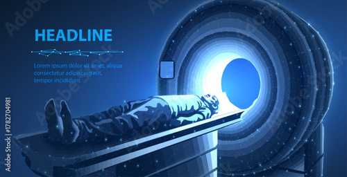 MRI machine. Head CT, Brain imaging, Diagnostic radiology, Medical scanner, Digital care, Magnetic resonance, MRI scan, Computer tomography, Cancer test, Hospital equipment, Lab technology concept

