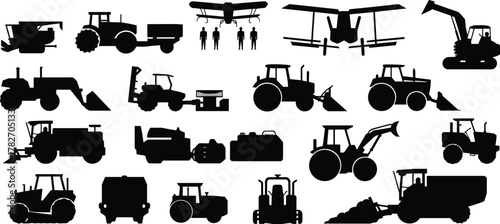 Flat agriculture machinery and farm vehicle silhouette icons set with tractors, harvesters, excavators, loaders and crop duster airplane for modern farming and agribusiness infographics