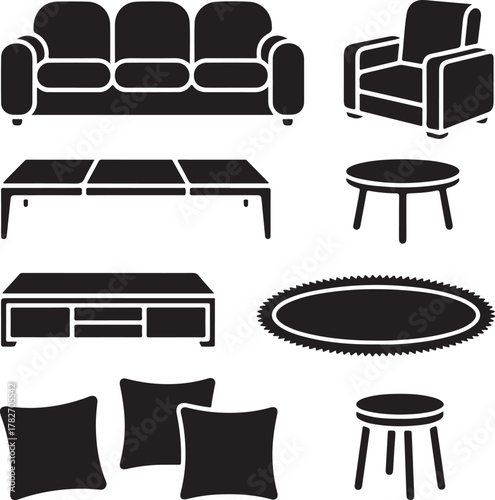 Collection of Furniture Icons Sofa, Armchair, Tables, Rug, Cushions, and Stool