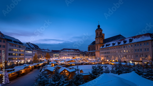 This image captures a breathtaking view of a traditional Christmas market set in the historic Schillerplatz square in Stuttgart, Germany. The cozy wooden stalls, decorated with twi