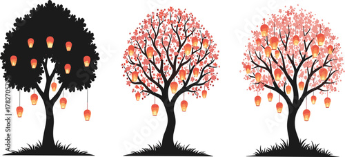 Beautiful cherry blossom trees with glowing lanterns, spring floral night celebration illustration in decorative vector art style