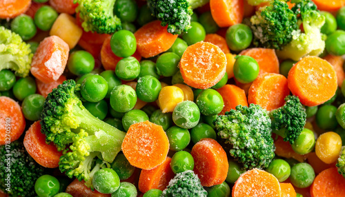 Mix of frozen vegetables, green peas, broccoli and carrot, organic and healthy food presentation.