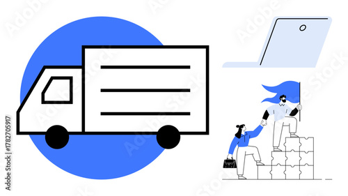 Delivery truck symbolizing transportation, climbing figures demonstrating teamwork, and a laptop hinting at digital systems. Ideal for logistics, teamwork, digital transformation, e-commerce