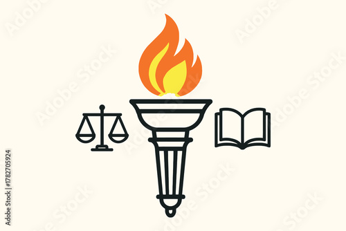 Symbolic torch of knowledge and justice with an open book and scales of justice