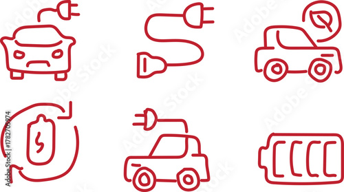 Electric vehicle charging and battery icons in red outline style