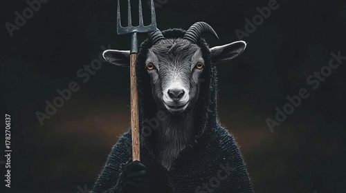 Mysterious goat wearing hoodie holds pitchfork, dramatic lighting
