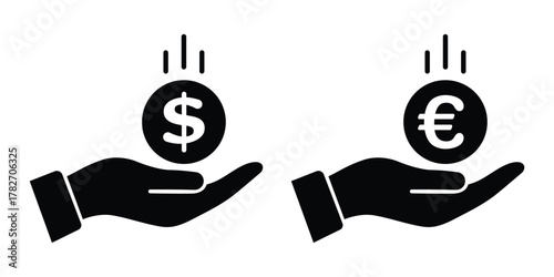 Hand Holding Dollar and Euro Coin Payment Silhouette Vector Icon