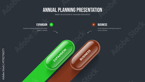 Marketing Plan Two Option Infographic Frame Design. Investor Analysis Slideshow Layout Vector Illustration. Visual Review 2 Element Diagram Slide Template.