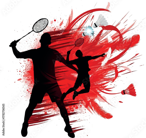 Two shadowy men actively engage in a spirited badminton match on a splattered background