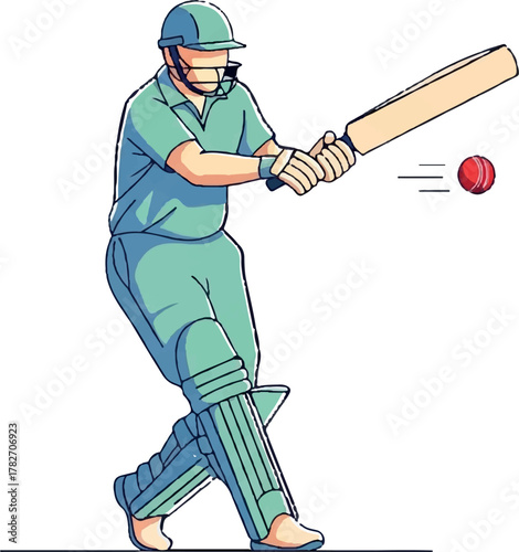 Animated cricket player swings bat and hits a red ball on a transparent background