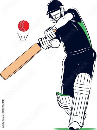 Cricket batsman prepares to strike a red ball with a bat wearing safety gear