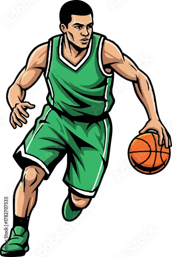 Dynamic darkhaired basketball player dribbles the ball in green uniform on transparent background